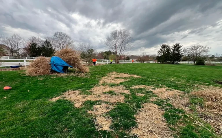 Workers in bright safety jackets preparing an outdoor area for a Spring CleanUp in Ohio, with straw scattered on the ground and a large pile covered by a tarp.